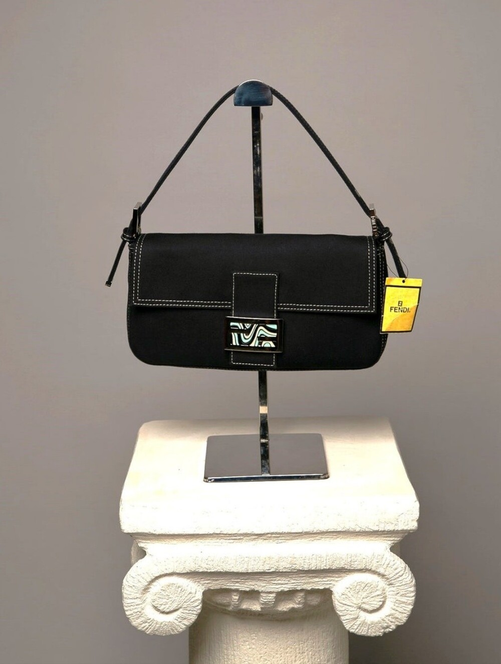 Rare Fendi Black Shoulder Baguette Bag With Contrast Stitching